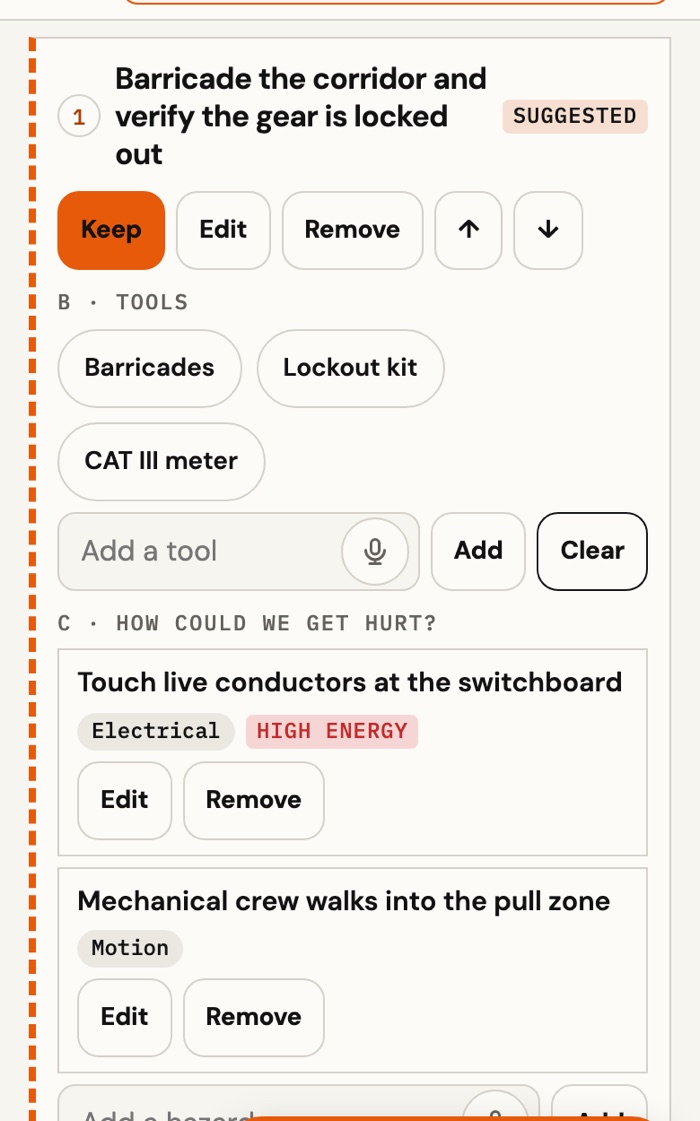 A pre-task plan drafted by the PTP Assistant