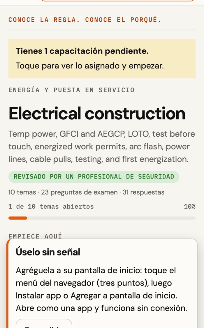The app's home screen in Spanish