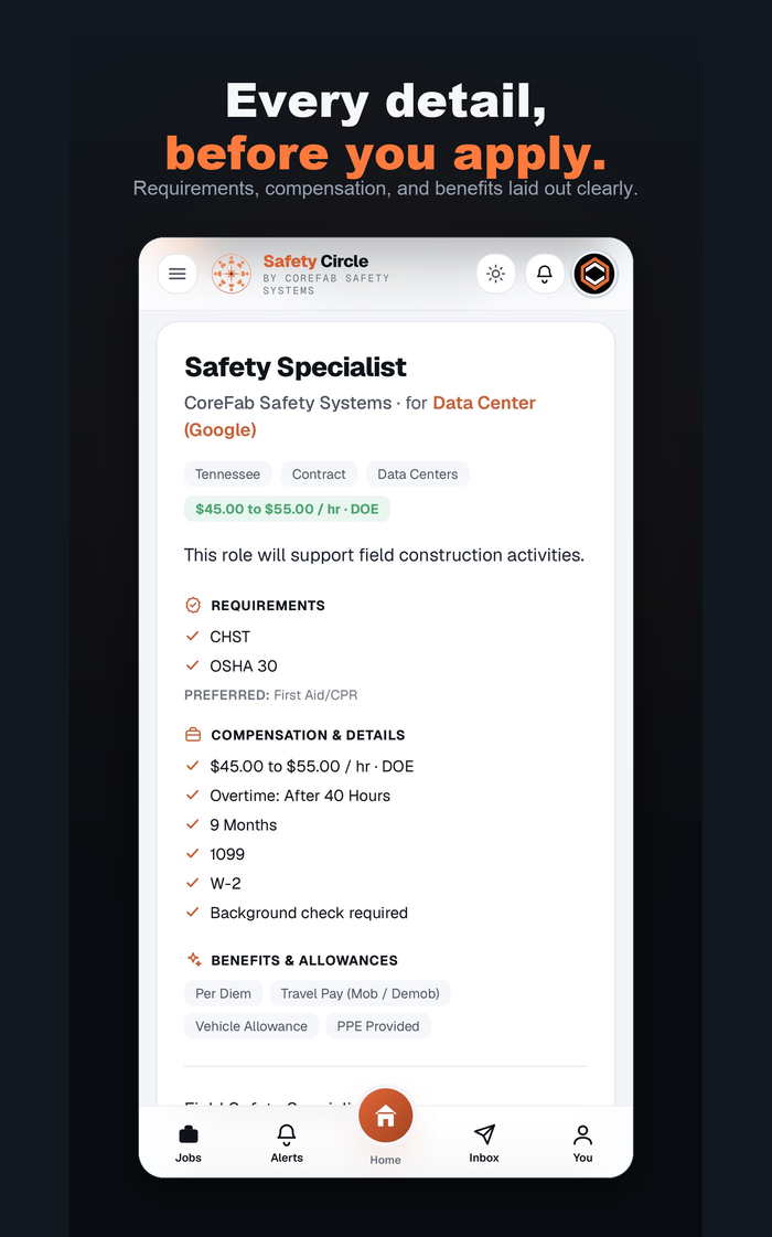 Safety Circle job detail screen
